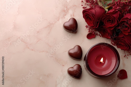 Deep red roses and heart shaped chocolates rest near a glowing candle on a pale surface