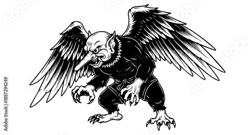 Black and white illustration of a mythical griffin with wings spread in a dynamic pose