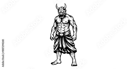 Mythical muscular figure with horns in black and white illustration