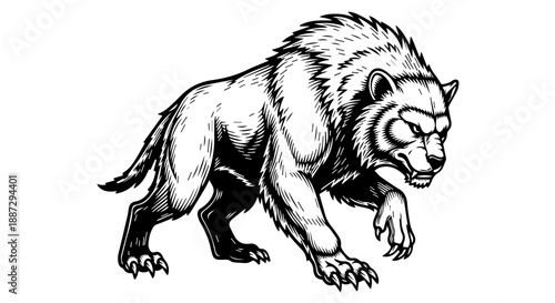 Black and white illustration of a bear in a prowling stance with mouth open