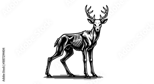 Black and white illustration of a skeletal deer with antlers on a white background