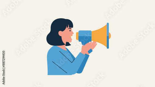 Woman Holding Megaphone Loudspeaker Announcement.