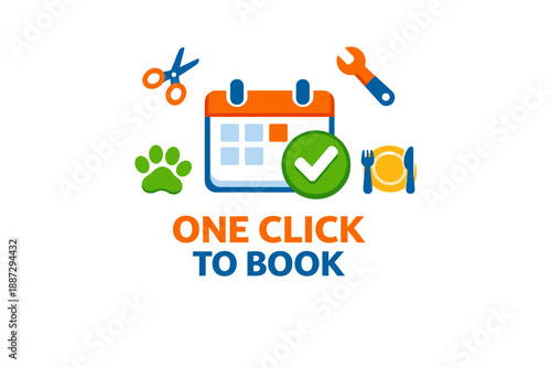 One click booking concept with calendar, tools, and pet paw icons
