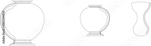 Minimalist vector line art collection of various ceramic vases and decorative pottery in front view, featuring clean outlines and elegant shapes for interior design