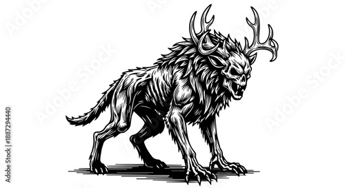 Mythical hybrid creature with wolf head and stag antlers in black and white illustration
