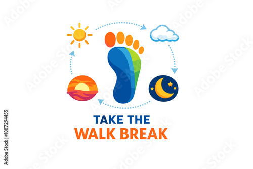 Colorful footprint encouraging walking breaks with sun, cloud, sunset, and night icons
