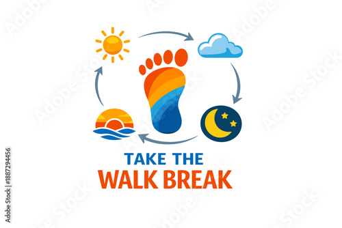 Colorful footprint walk cycle: sun, cloud, sunset, moon elements symbolizing daily routine