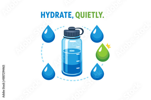 Hydration reminder with water bottle and droplets in minimalist design