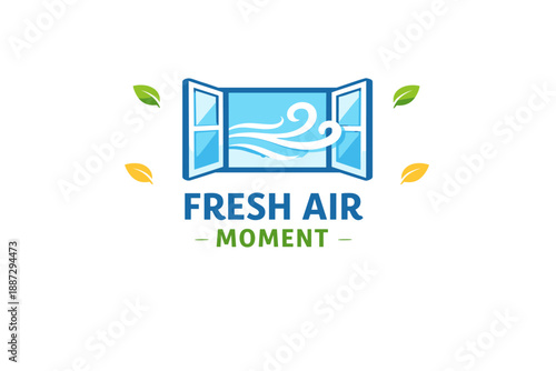 Fresh air moment logo with open window, leaves, and breeze design