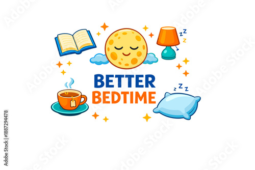 Better bedtime: cozy nighttime elements with moon, pillow, lamp, and tea