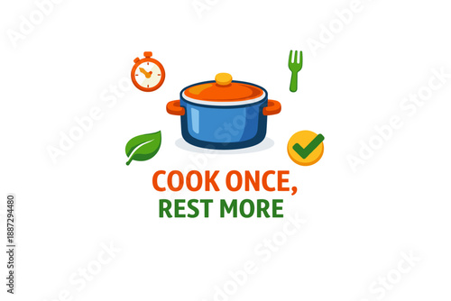 Cook once rest more: illustration of pot, leaf, clock, fork, checkmark