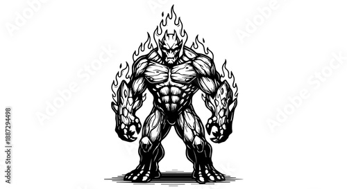 Mythical humanoid figure with exaggerated musculature and flaming halo in black-and-white illustration