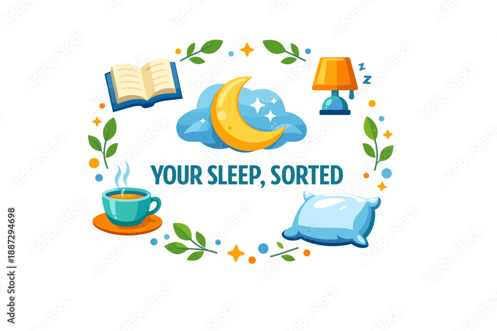 Naklejka premium Cozy sleep essentials with moon, book, tea, lamp, pillow, and foliage
