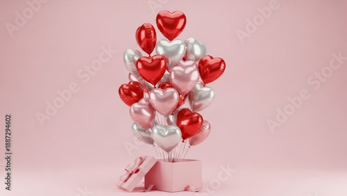 Glossy red, pink, and silver heart balloons rise from an open gift box, symbolizing love, surprise, and heartfelt celebration against a soft pink background