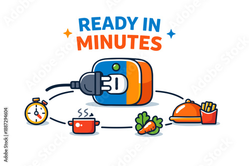 Quick meal preparation with electric cooker and ingredients illustration