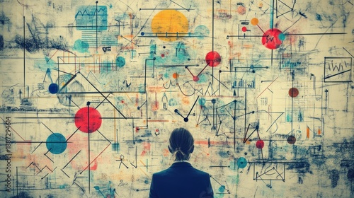 Businesswoman facing complex strategy wall; brainstorming, problem solving