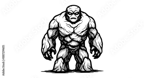 Black and white line drawing of a muscular humanoid figure in a frontal pose
