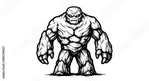 Black and white line drawing of a muscular figure in a powerful pose