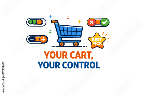Shopping cart with icon buttons and best pick badge illustration