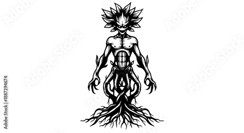 Black and white illustration of a commanding humanoid creature with root-like lower body