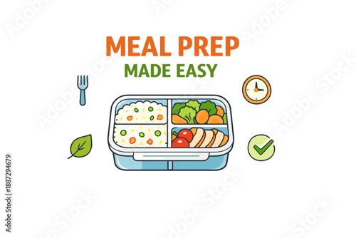 Illustrated meal prep container with balanced portions and utensils