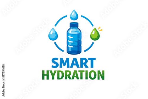 Blue water bottle with droplets promoting smart hydration on white background