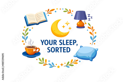 Relaxing sleep essentials: moon, book, tea, pillow, lamp illustration