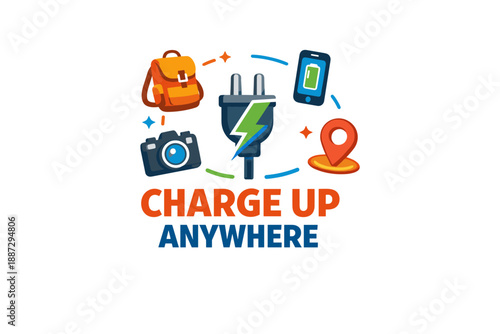 Portable charging icons featuring backpack, smartphone, camera, plug, location marker