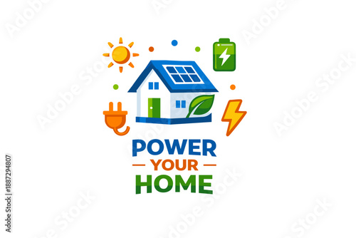 Sustainable home illustration with solar panels and eco-friendly icons