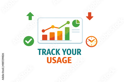 Data analysis graphic with growth chart, clock, and arrows for usage tracking