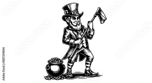 Black and white illustration of a leprechaun with a pot of gold coins