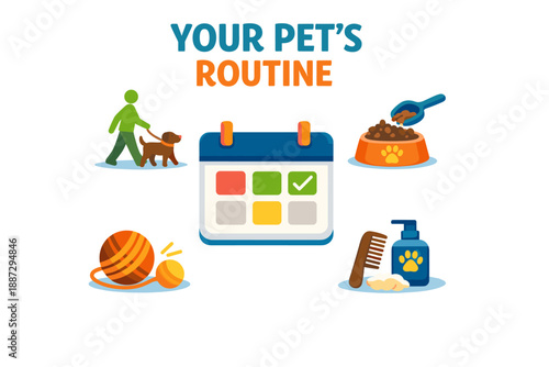 Pet care routine: feeding, walking, grooming, playtime for happy pets