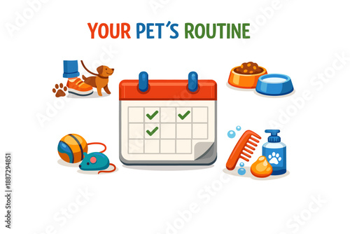 Pet care routine: calendar, toys, food, grooming essentials