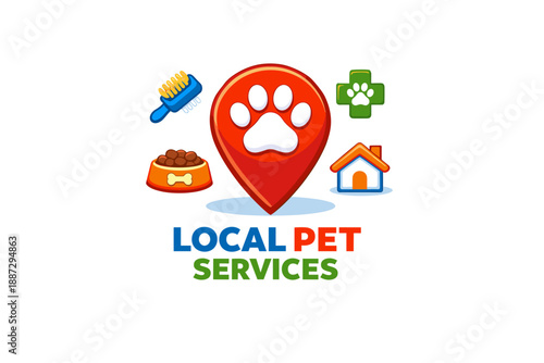 Local pet services logo with paw print and pet care icons