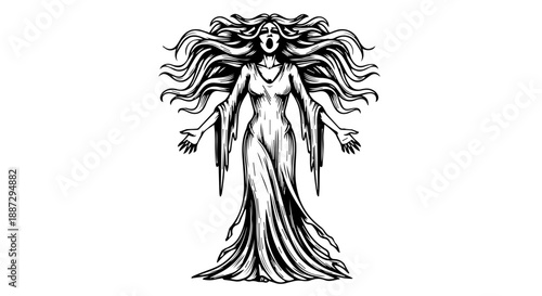 High-contrast black and white illustration of a female figure with long wild hair and a tattered gown