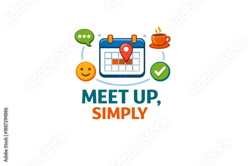 Meet up simply logo with calendar and social icons