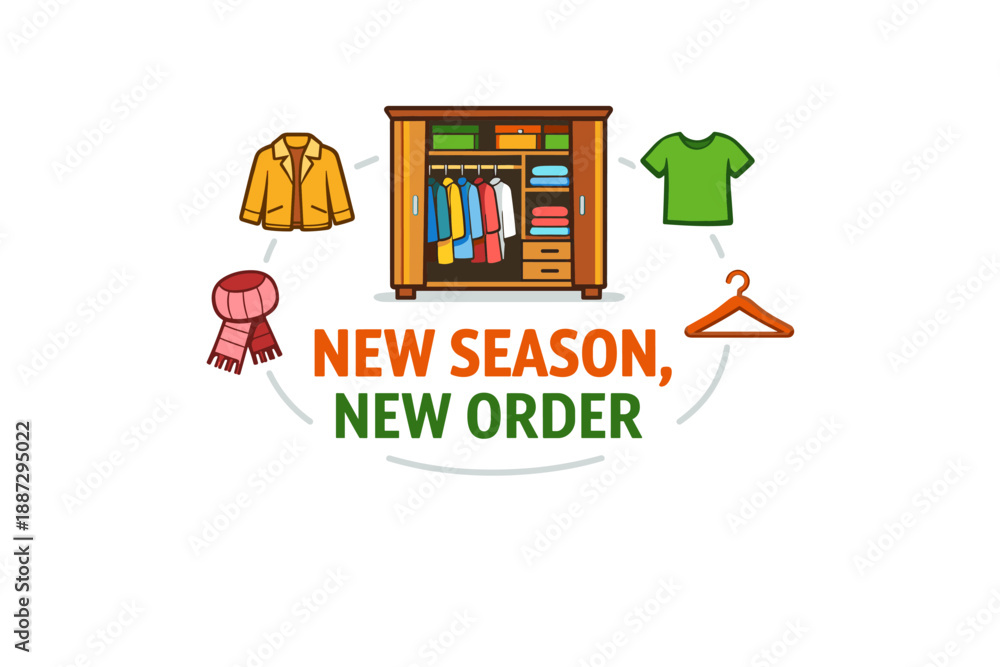 Fototapeta premium Organized wardrobe with colorful clothes and accessories for new season
