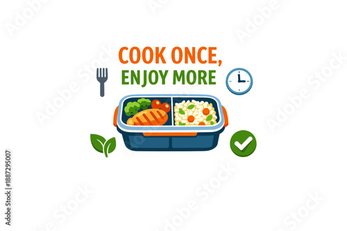 Healthy meal prep illustration with balanced diet and time efficiency concept