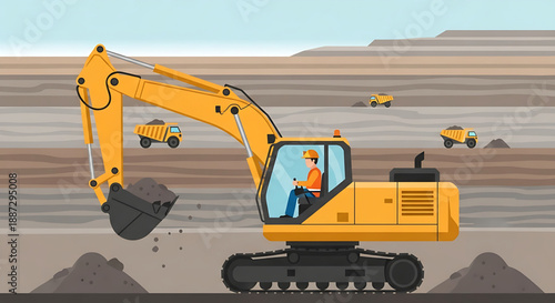 An excavator operating at an open-pit mine, with dump trucks in the background