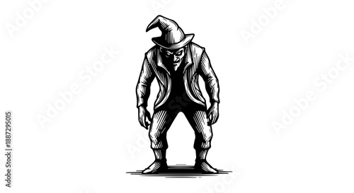 Black and white illustration of a stern male figure in a textured coat and wide-brimmed hat