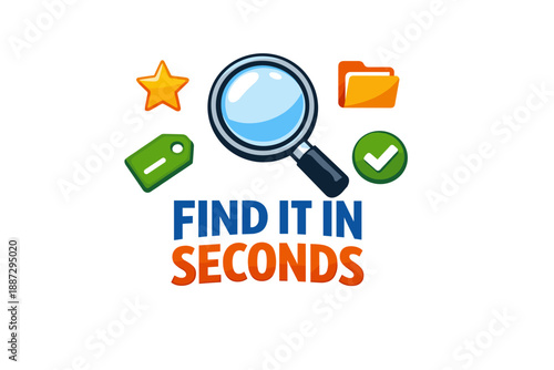 Colorful search icon with magnifying glass and symbols for quick discovery