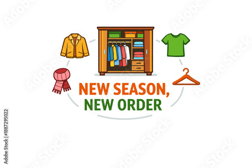 Organized wardrobe with colorful clothes and accessories for new season