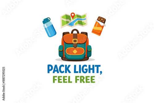 Adventure essentials: backpack, map, water, snack for travels