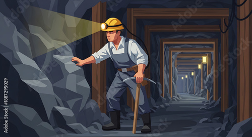 Dedicated Miner with Headlamp and Pickaxe Explores Dark Underground Tunnel, Searching for Valuable Resources and Highlighting the Demanding Mining Profession
