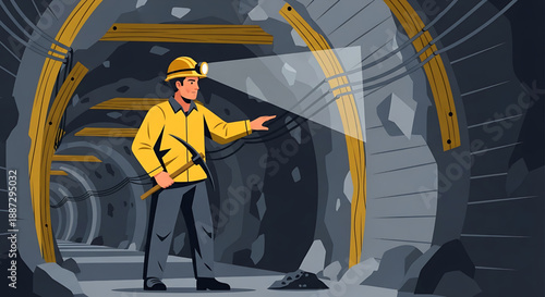 Dedicated miner worker illuminates the dark, deep underground tunnel with his headlamp, diligently searching for valuable resources in a challenging mining environment