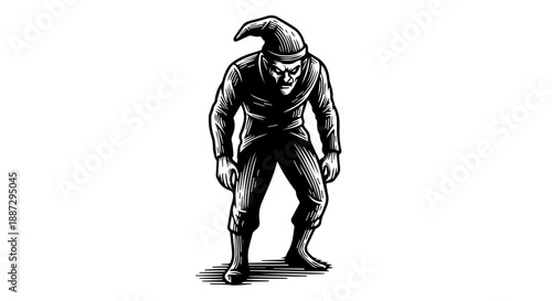 Black and white illustration of a muscular male figure in a long coat and wide-brimmed hat