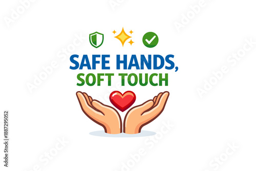 Safe hands soft touch logo with protective icons and heart in hands