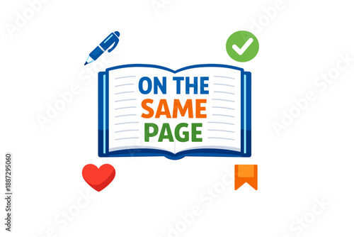 Collaboration concept with open book, heart, checkmark, pen, and bookmark icons