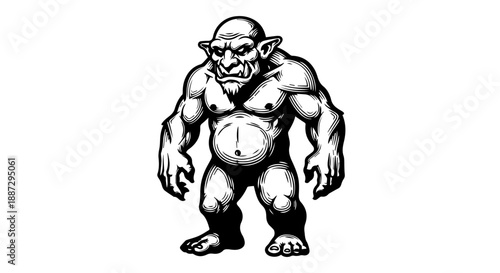 Black and white illustration of a muscular humanoid figure with pointed ears and a stern expression