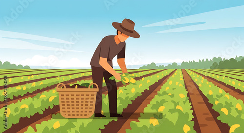 Farmer harvesting crops in a field with a basket full of produce